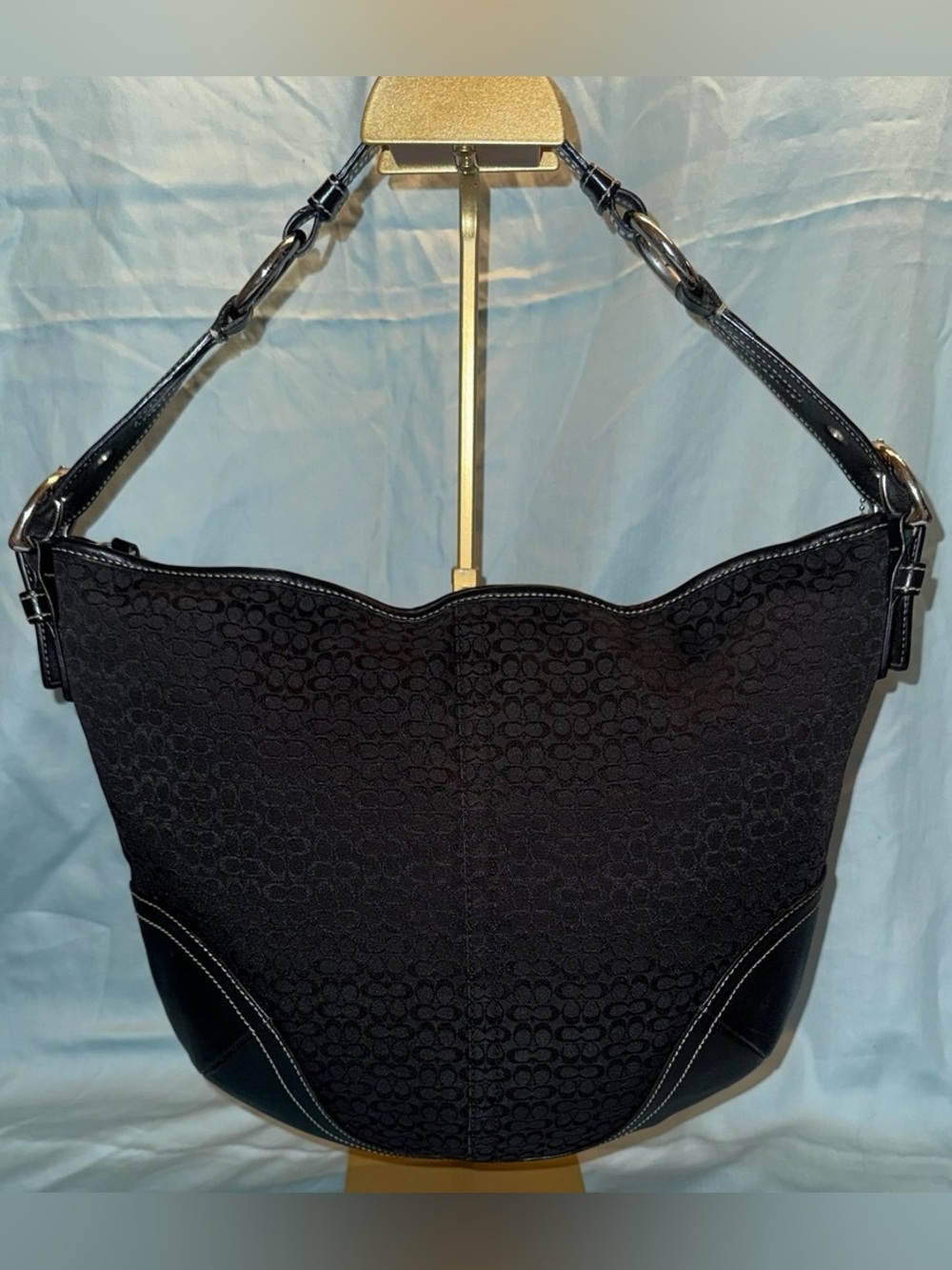 Coach Black Signature Mini C’s Jacquard Hobo with Leather Trim & White Stitching - Picture 3 of 15